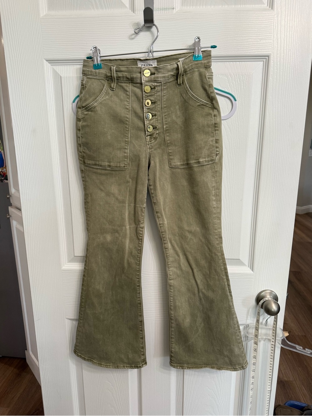 FRAME Le Crop Flare Jeans 27 Olive Green High Rise Cropped Flare Button Fly